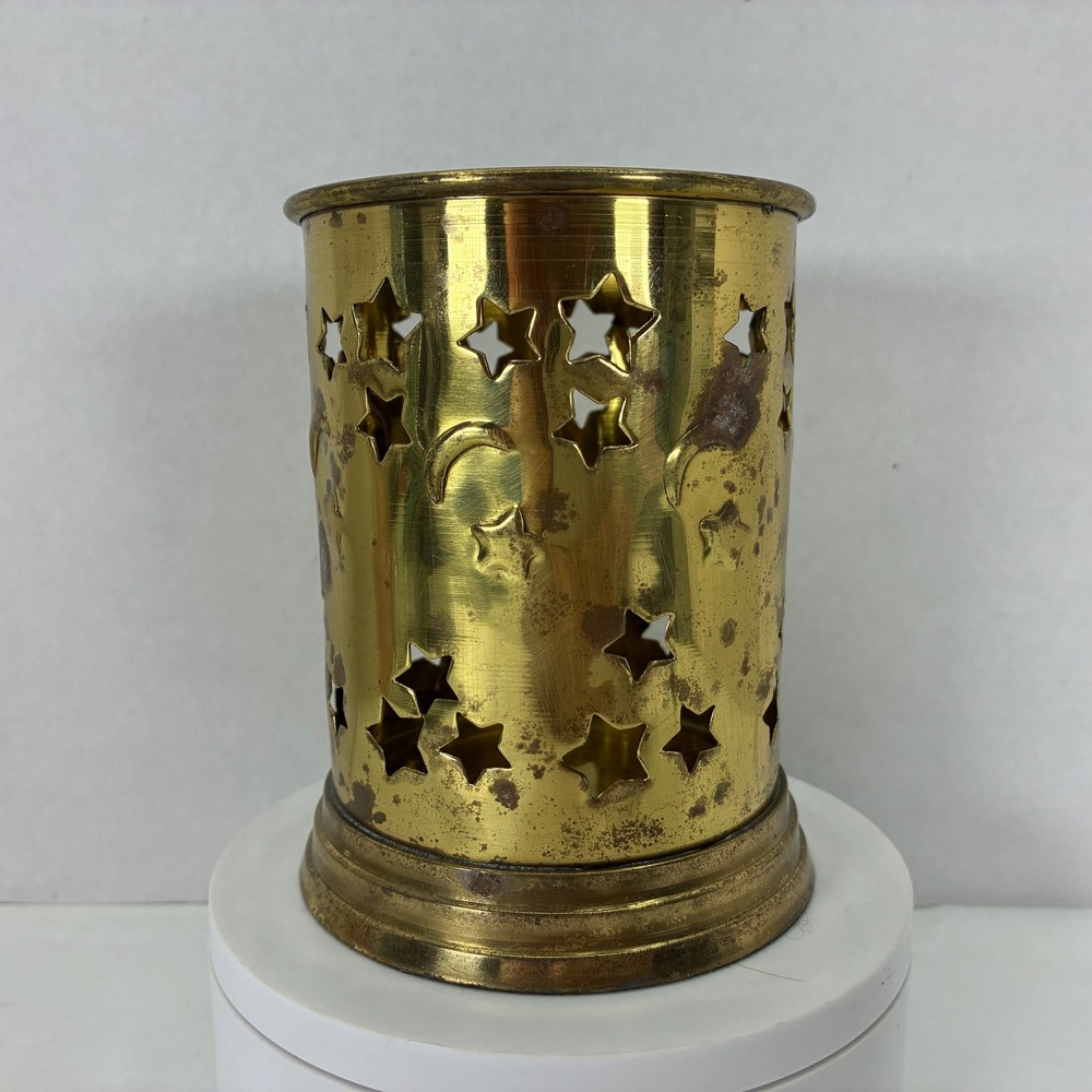 Vintage Brass Celestial Star and Moon Cutout Candle Holder Sleeve Patina Gold